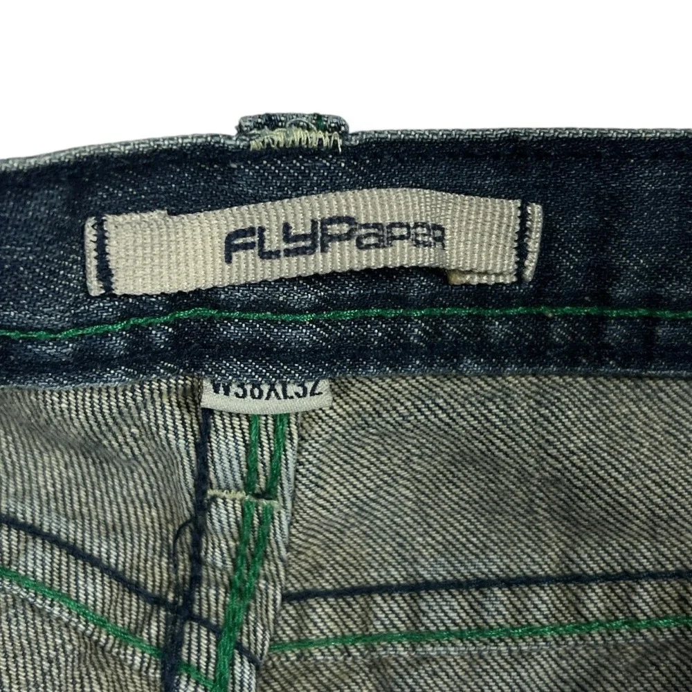 Flypaper‎ Jeans Mens 38x32 Blue Distressed Bootcut Denim Whiskered Green Thread